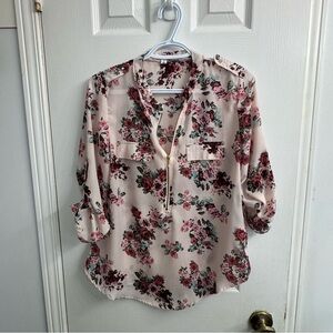 Ardene Women's Pink Floral Sheer Blouse with Zip Detail - Size M